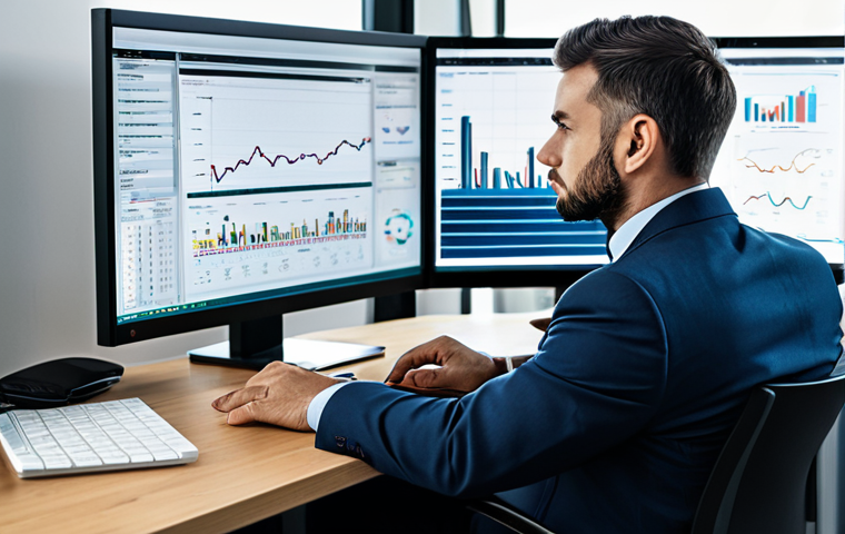 A focused professional risk management engineer, fully clothed in a modest business suit, sitting at a desk in a modern, high-tech office. The engineer is intently looking at multiple large monitors displaying complex data dashboards, metrics, graphs, and alerts. A cup of coffee is placed on the desk. The atmosphere is calm and analytical, emphasizing deep concentration. safe for work, appropriate content, fully clothed, professional, perfect anatomy, correct proportions, natural pose, well-formed hands, proper finger count, natural body proportions, high-resolution professional photography.