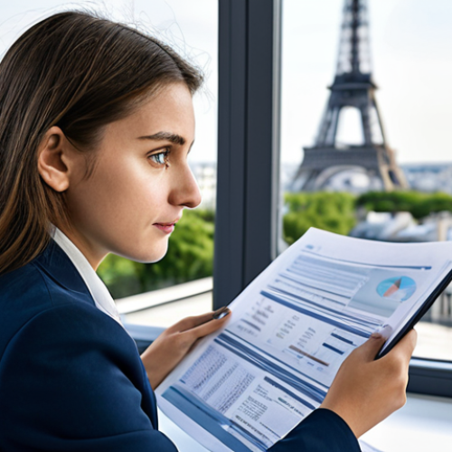 Home 10 The Observant Analyst**
"A young professional, fully clothed in a smart casual outfit appropriate for a Parisian financial district, is meticulously reviewing financial documents in a bright, modern office. She has a focused expression, highlighting her analytical skills. The background includes a blurred view of the Eiffel Tower through the office window. Safe for work, professional, perfect anatomy, correct proportions, well-formed hands, appropriate content, modest attire, high quality, natural pose."
**