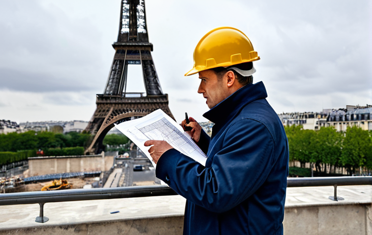 위험관리와 재난관리의 상관관계 - Prevention & Planning**
"Architect in a hard hat reviewing blueprints on a construction site in Par...