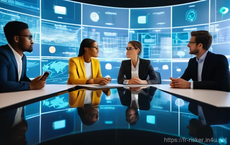 위험관리 실무에서의 팀워크 중요성 - **Prompt:** A dynamic, wide-angle shot of a diverse team of professionals (men and women of various ...