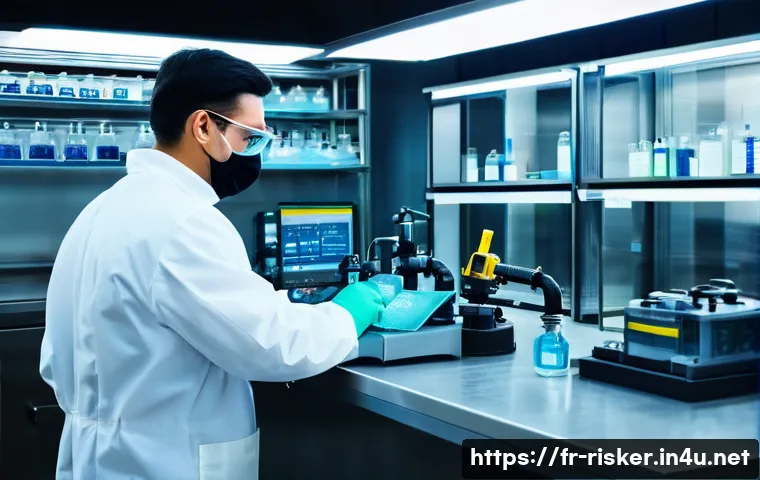 위험관리기술자 산업별 연봉 비교 - A detailed scene inside a modern chemical industry laboratory, featuring a risk prevention specialis...