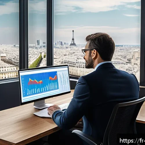 위험관리기술자 경력개발 로드맵 - A professional French risk manager in a modern office setting, attentively analyzing complex financi...