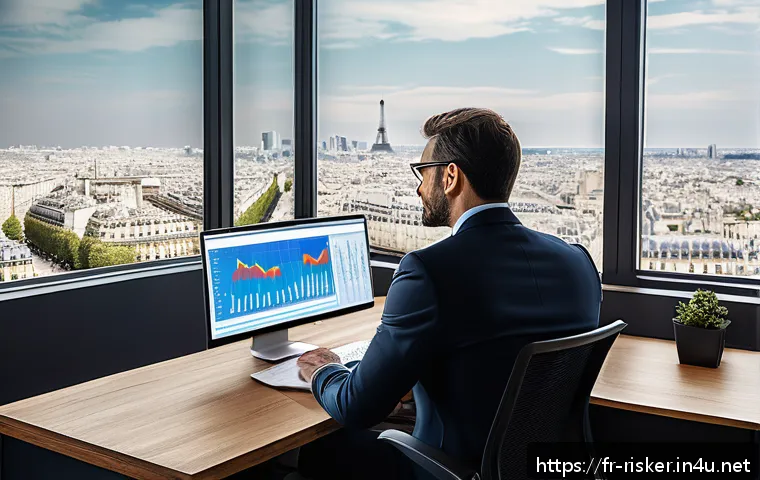 위험관리기술자 경력개발 로드맵 - A professional French risk manager in a modern office setting, attentively analyzing complex financi...