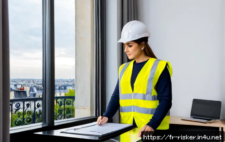 Home 17 위험관리기술자 자격증 관련 최신 법규 변화 - Photorealistic French risk management technician in a modern Paris office, wearing a high-visibility...
