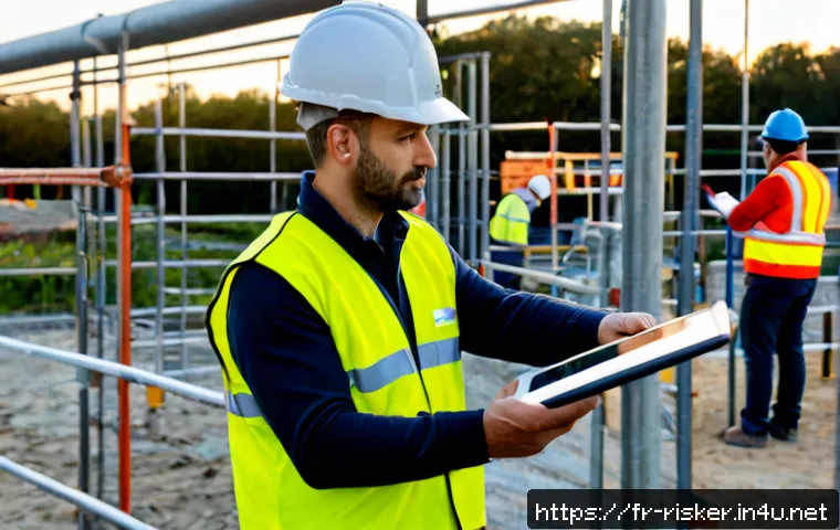 위험관리기술자와 건설안전의 공통점과 차이점 - Photorealistic French construction site at early morning, a risk management specialist in clean high...