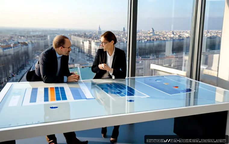 위험관리 관련 R D 트렌드 - Photorealistic French R&D risk management laboratory, diverse research team in smart casual business...